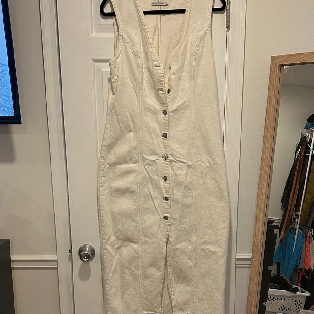 Abercrombie & Fitch Cream Jean Button Midi Dress